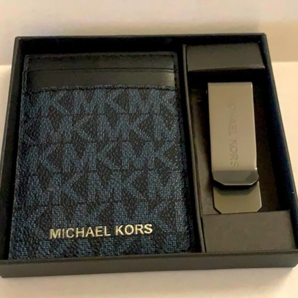 Michael Kors Logo Card Case with Bill Clip Blue NIB  MSRP 118.00
